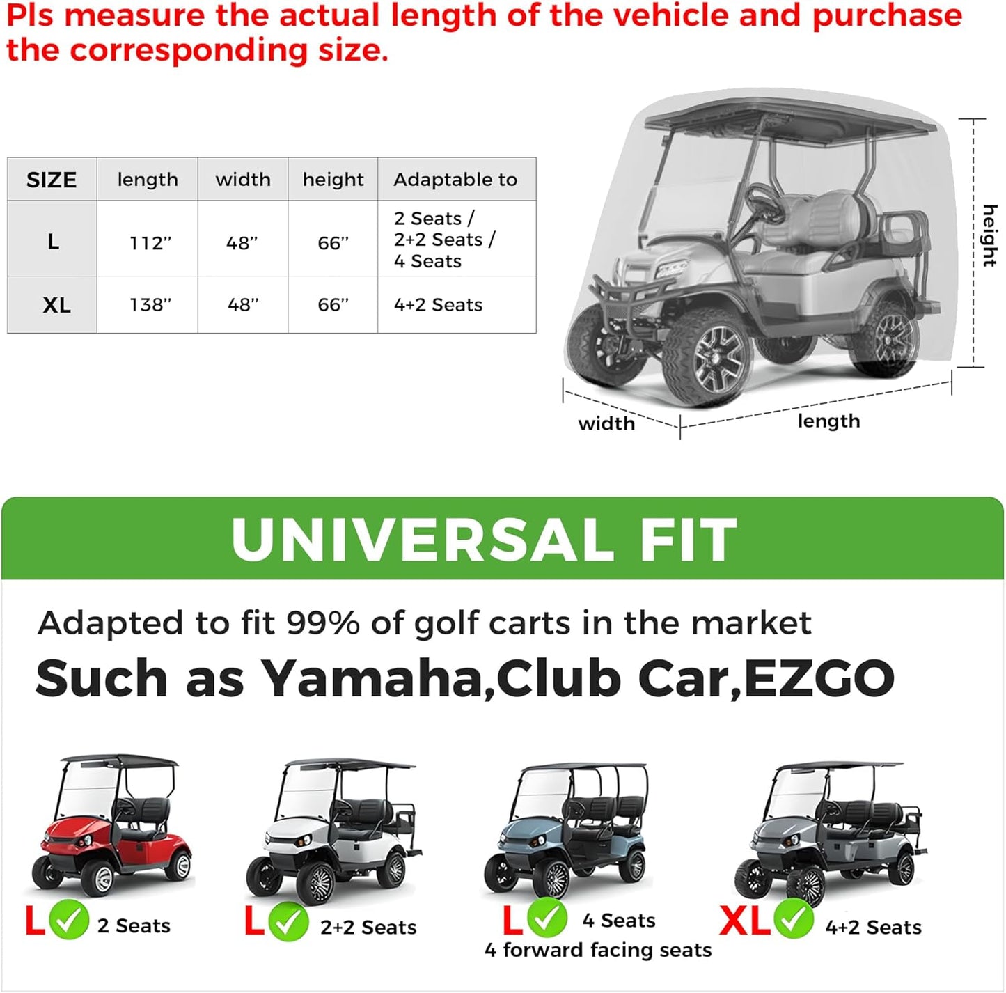 Golf Cart Cover 2/4/4+2 Passenger for Yamaha EZGO Club Car, Heavy Duty 420D Waterproof Windproof Durable Polyester Golf Cart Cover with 3 Zipper Doors for All-Weather Protection (Black/Silver)​​