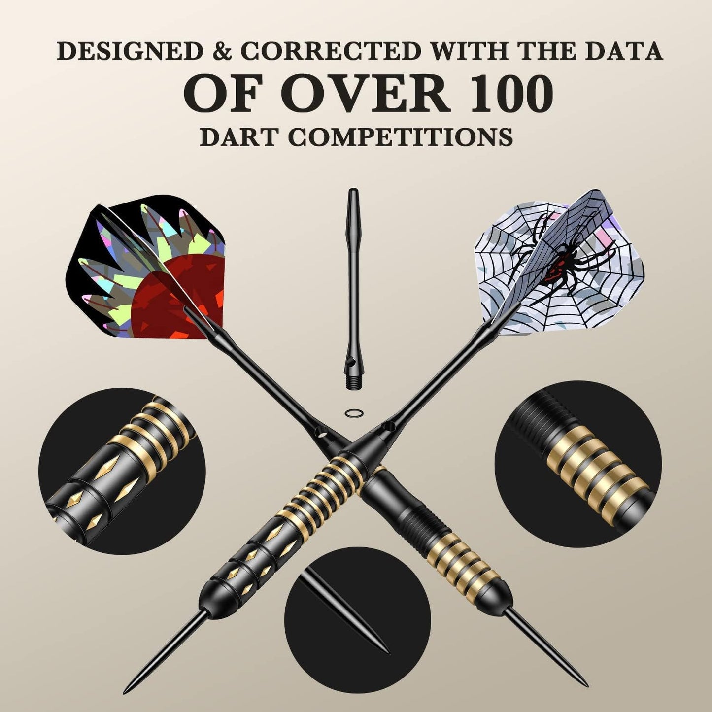Steel Tip Dart Brass Barrels Professional Darts Set, Metal Tipped Darts 6 Pack + 12 Aluminum Shafts + 12 Flights + 1 Sharpener