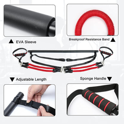 60-120LBS Pilates Bar Kit with Resistance Bands, Home Squat Bar for Men & Women All-In-One Gym Workout for Full Body Fitness with Portable Bag & Door Anchor