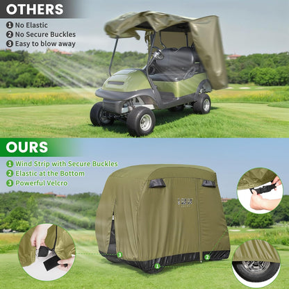 Golf Cart Cover 2/4/4+2 Passenger for Yamaha EZGO Club Car, Heavy Duty 420D Waterproof Windproof Durable Polyester Golf Cart Cover with 3 Zipper Doors for All-Weather Protection (Black/Silver)​​