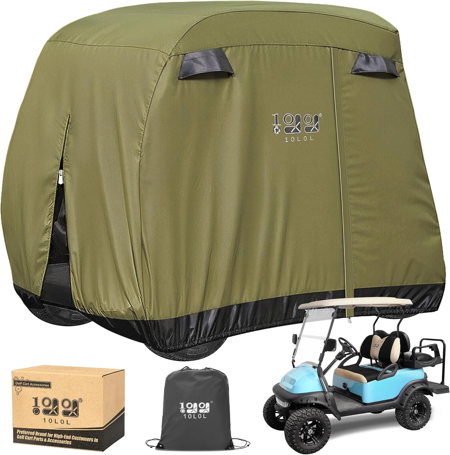 Golf Cart Cover 2/4/4+2 Passenger for Yamaha EZGO Club Car, Heavy Duty 420D Waterproof Windproof Durable Polyester Golf Cart Cover with 3 Zipper Doors for All-Weather Protection (Black/Silver)​​